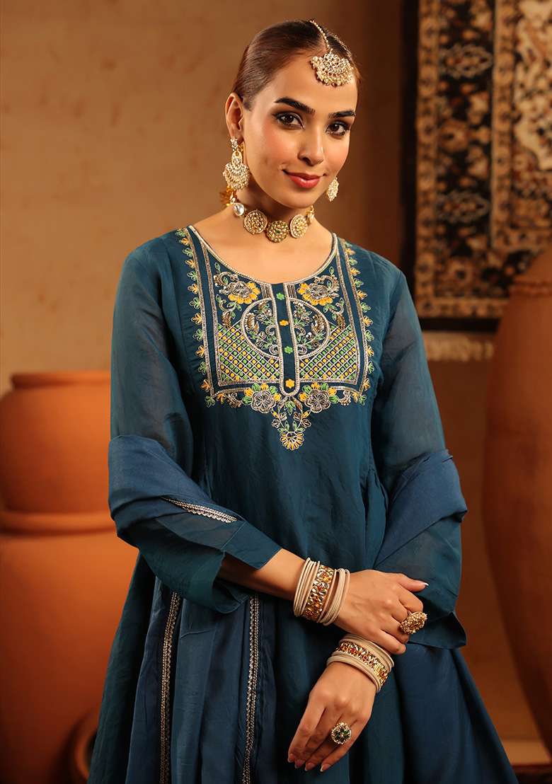 Teal Embroidered Chanderi Pakistani Suit Set - Indya