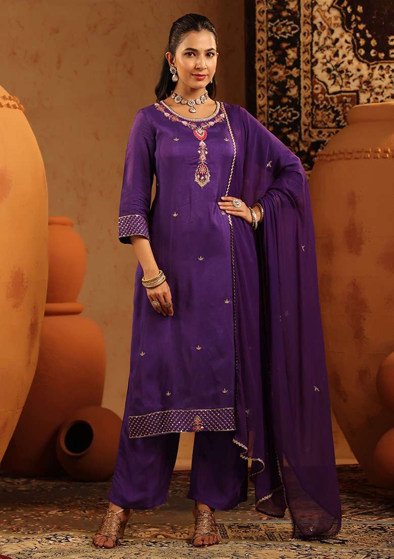 Purple Embroidered Silk Blend Straight Kurta Set - Indya