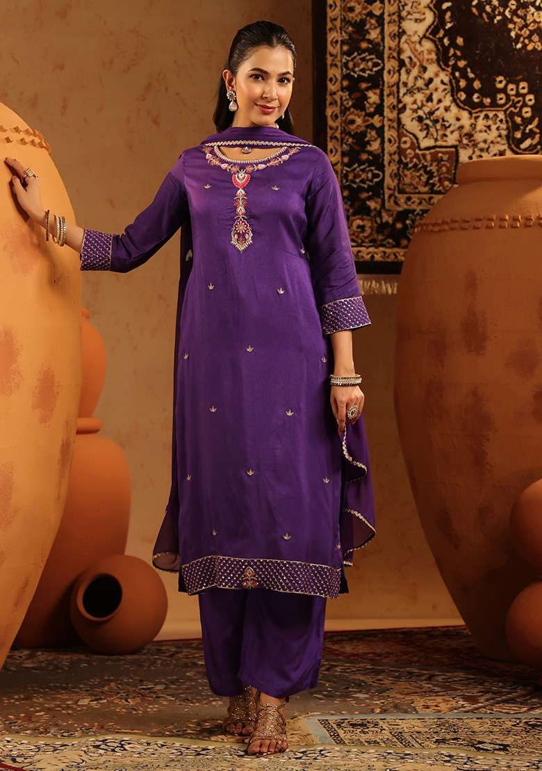 Purple Embroidered Silk Blend Straight Kurta Set - Indya