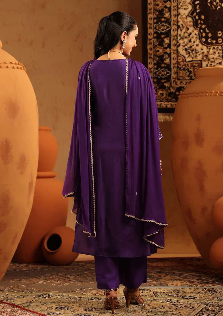 Purple Embroidered Silk Blend Straight Kurta Set - Indya