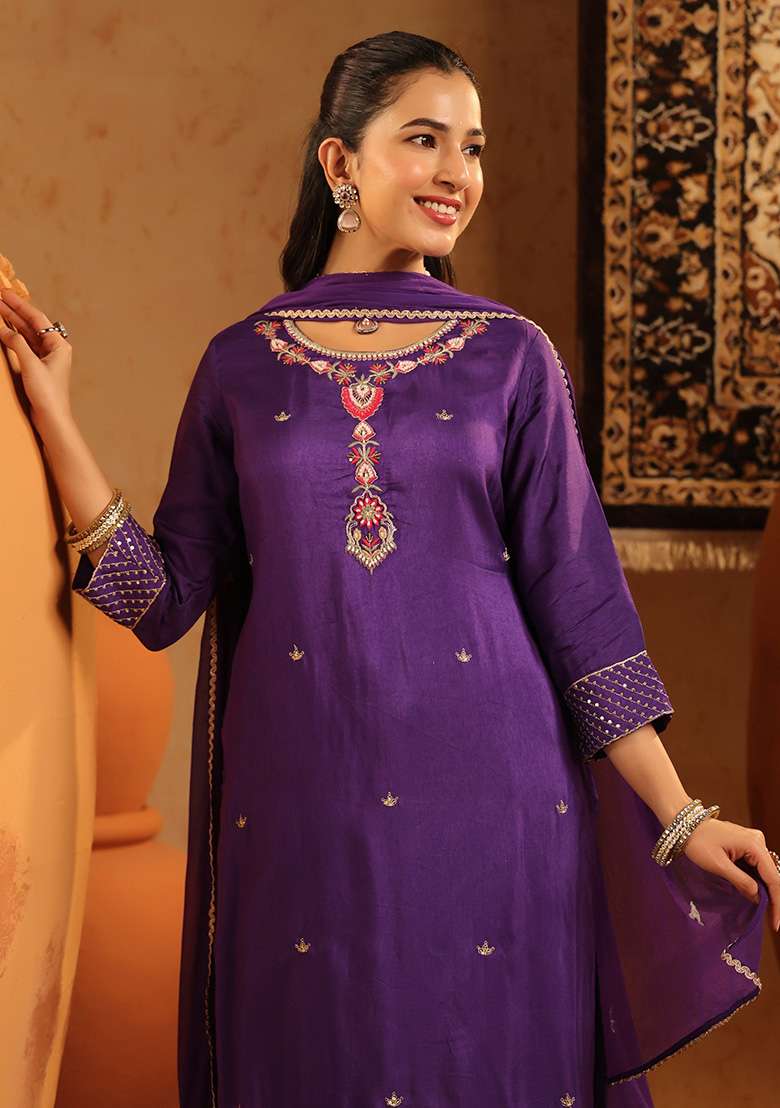 Purple Embroidered Silk Blend Straight Kurta Set - Indya