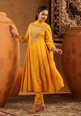 Mustard Embroidered Silk Anarkali With Dupatta