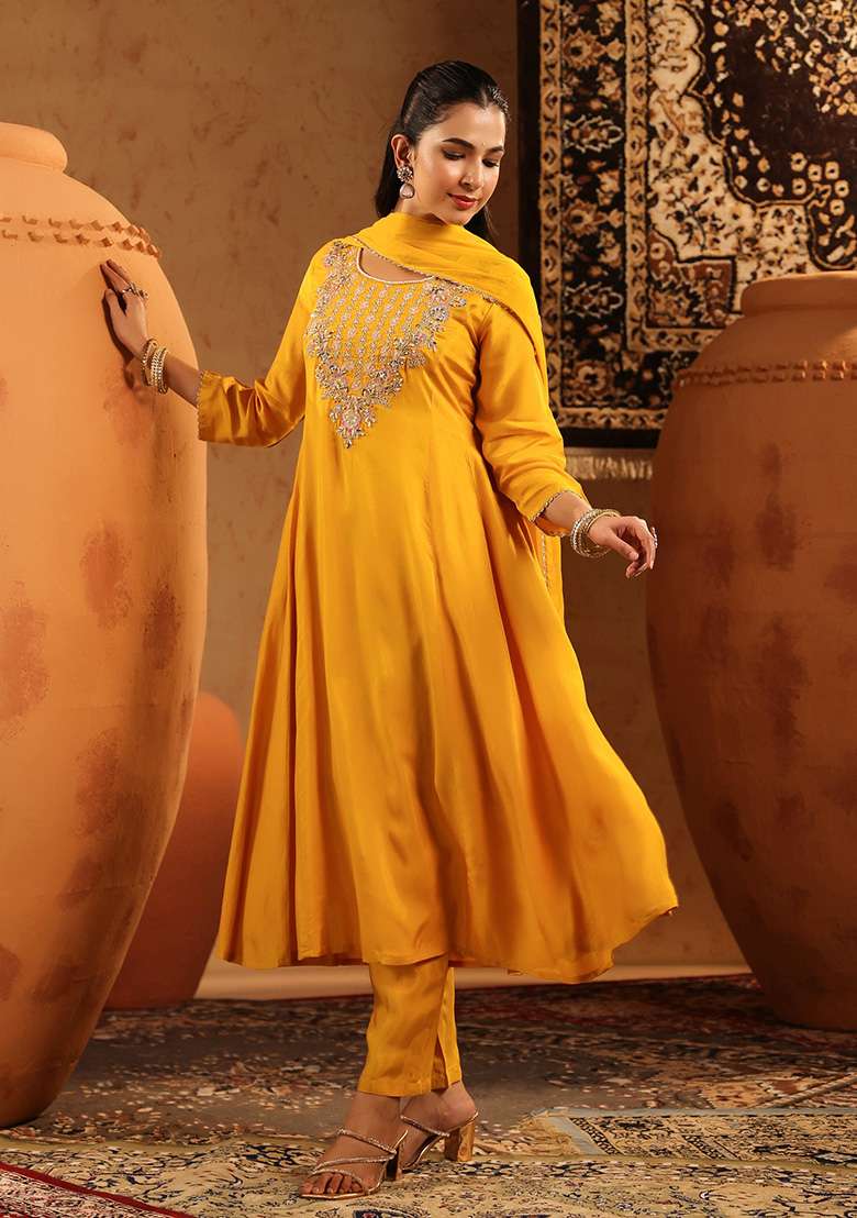 Mustard Embroidered Silk Blend A Line Kurta Set - Indya