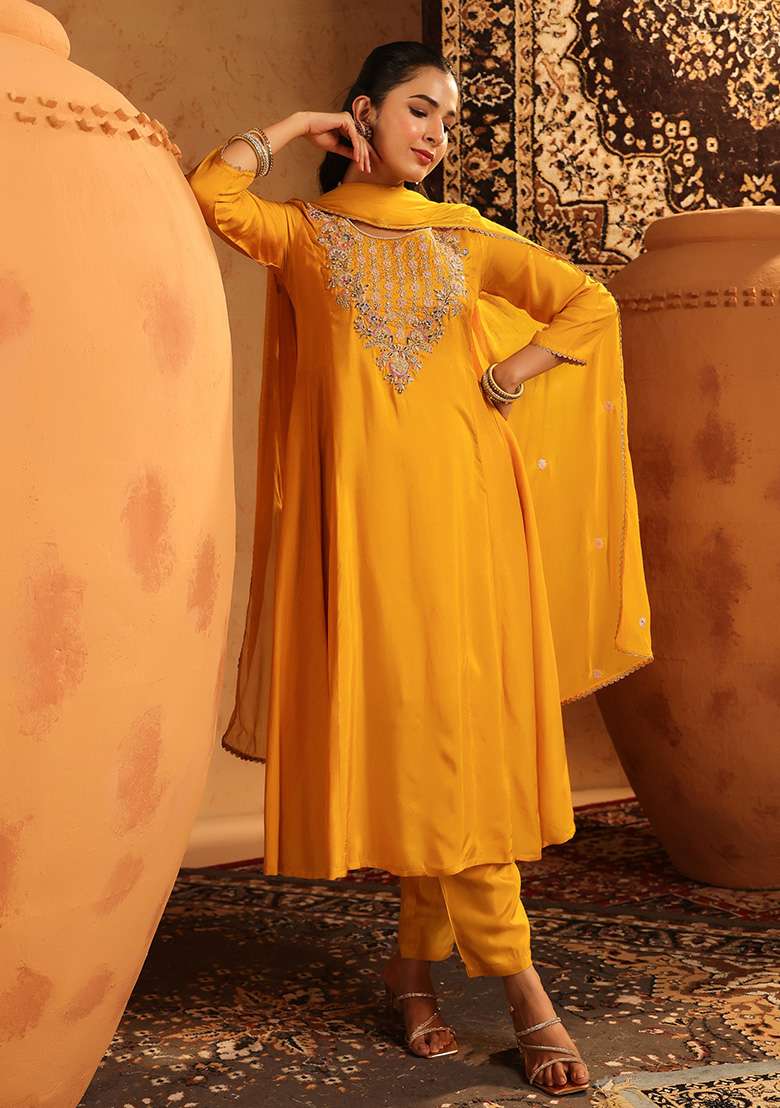 Mustard Embroidered Silk Blend A Line Kurta Set - Indya
