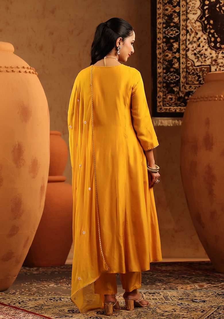 Mustard Embroidered Silk Blend A Line Kurta Set - Indya