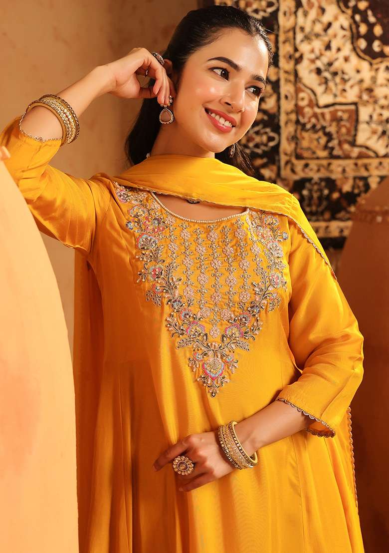Mustard Embroidered Silk Blend A Line Kurta Set - Indya