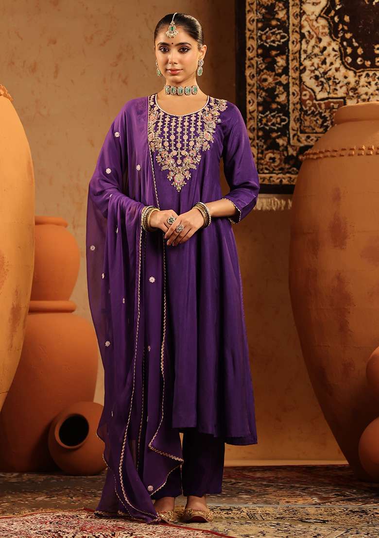 Purple Embroidered Silk Blend A Line Kurta Set - Indya