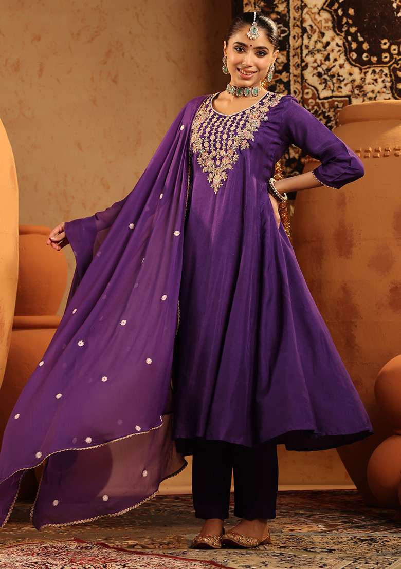 Purple Embroidered Silk Blend A Line Kurta Set - Indya