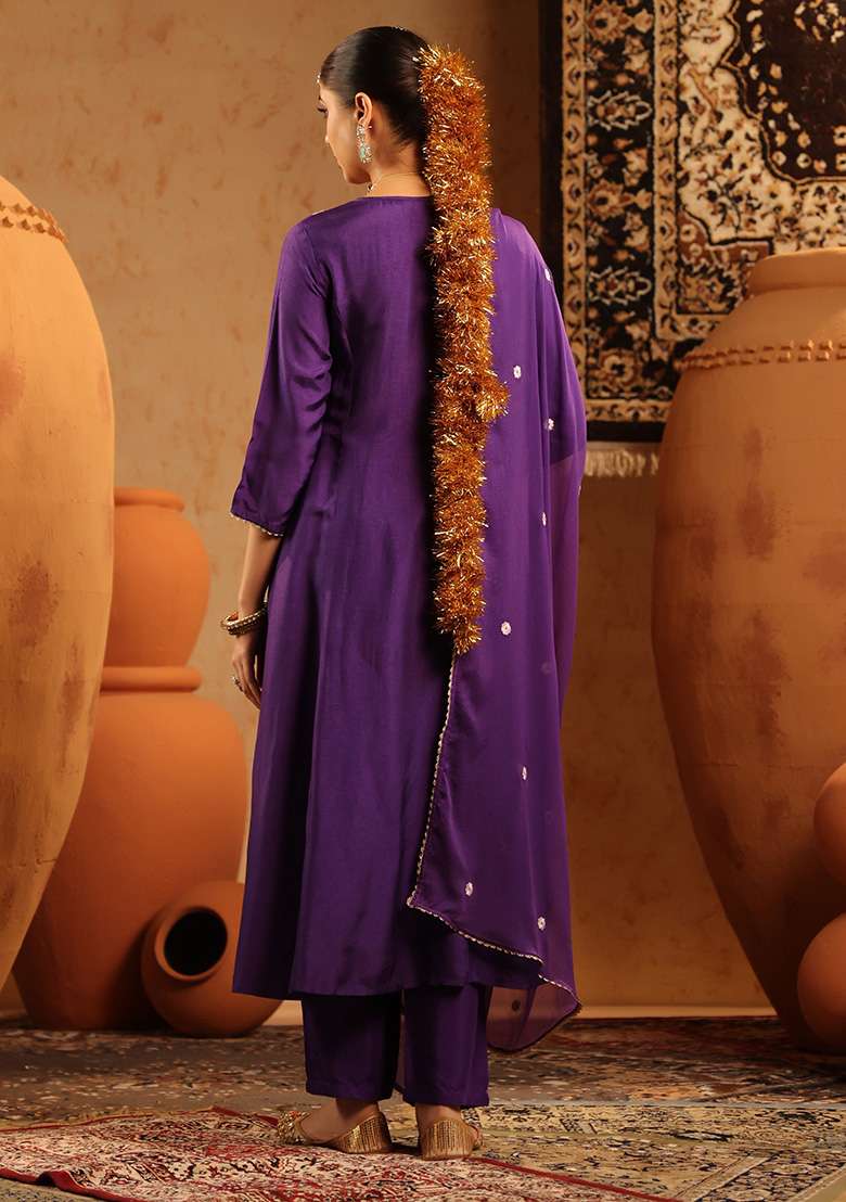 Purple Embroidered Silk Blend A Line Kurta Set - Indya