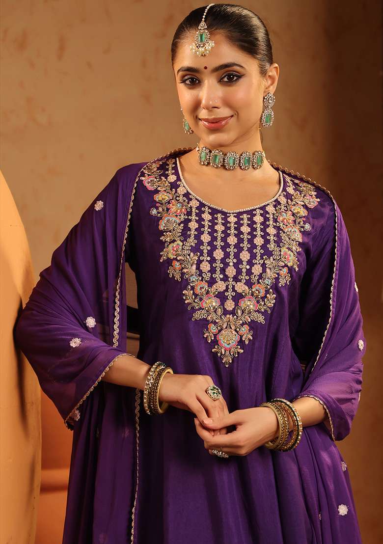 Purple Embroidered Silk Blend A Line Kurta Set - Indya