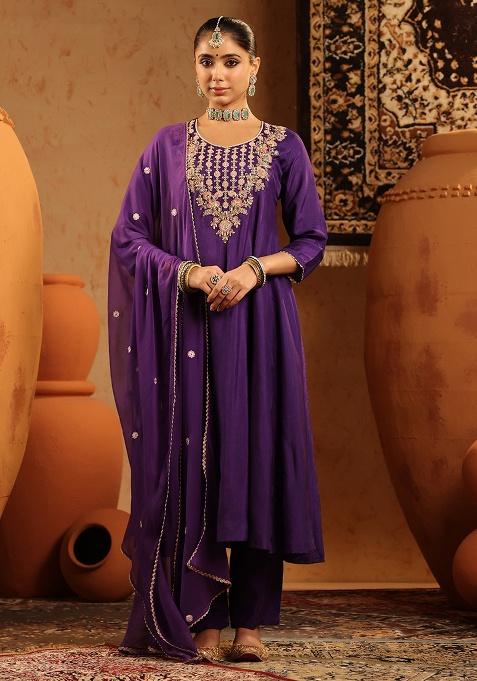 Purple Embroidered Silk Anarkali Set