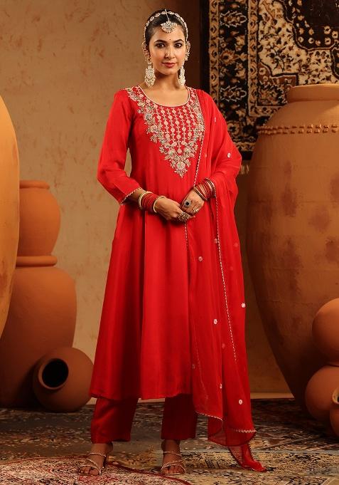 Red Embroidered Silk Anarkali Set