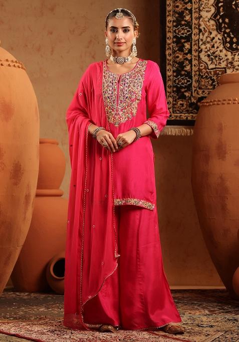 Fuchsia Embroidered Silk Sharara Set