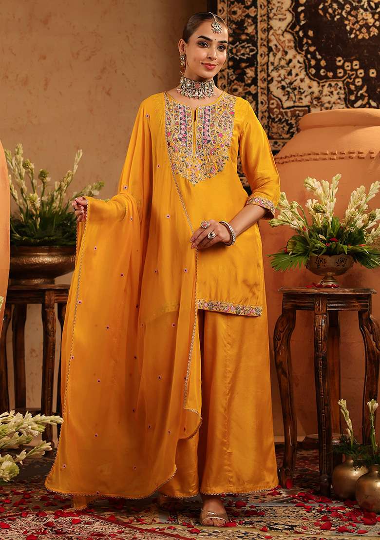 Mustard Embroidered Silk Sharara Set - Indya