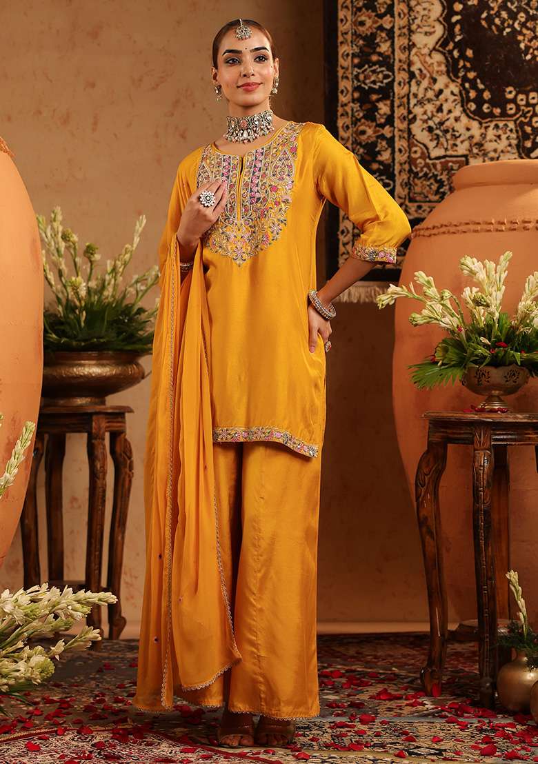 Mustard Embroidered Silk Sharara Set - Indya