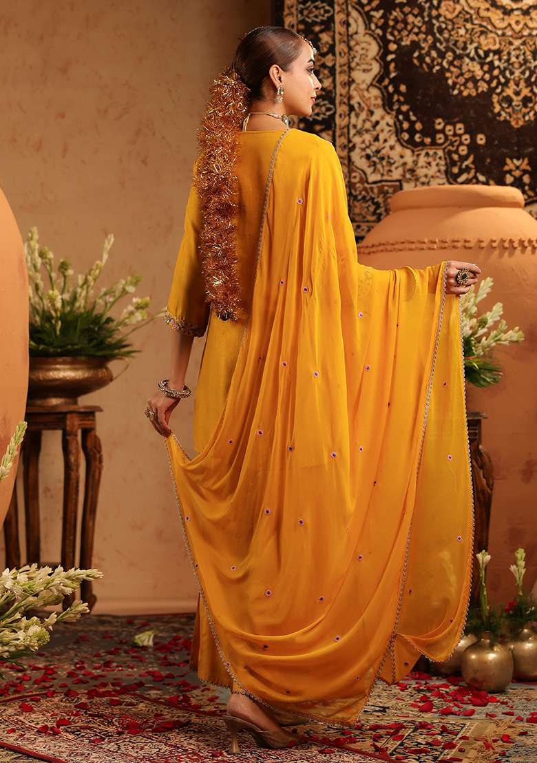 Mustard Embroidered Silk Sharara Set - Indya