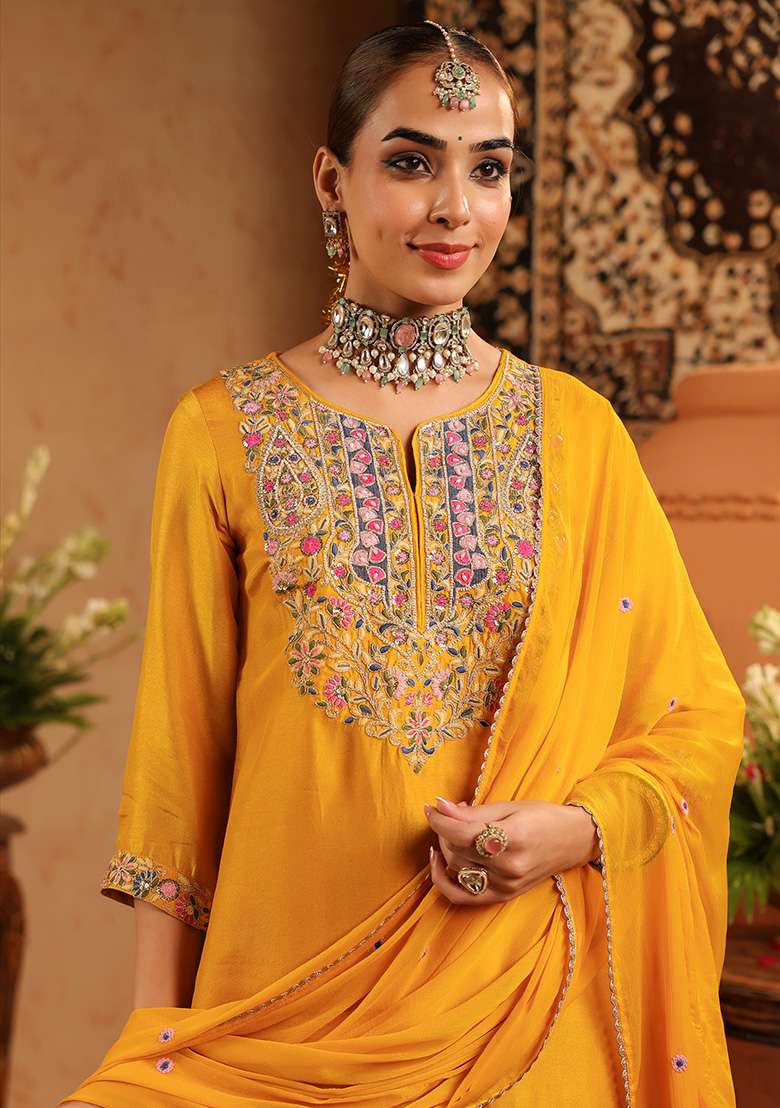 Mustard Embroidered Silk Sharara Set - Indya