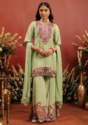 Pista Green Embroidered Silk Sharara Set