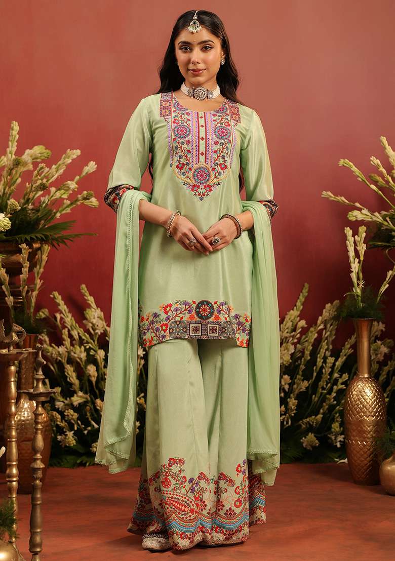 Pista Green Embroidered Silk Sharara Set - Indya