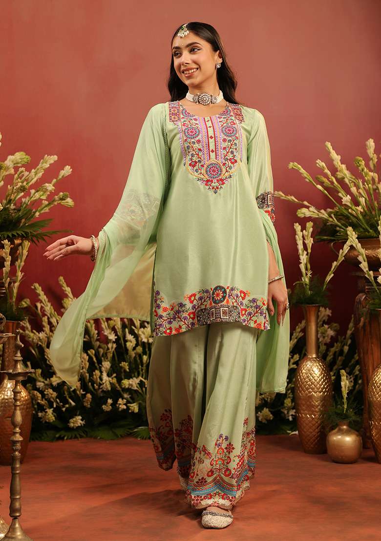 Pista Green Embroidered Silk Sharara Set - Indya