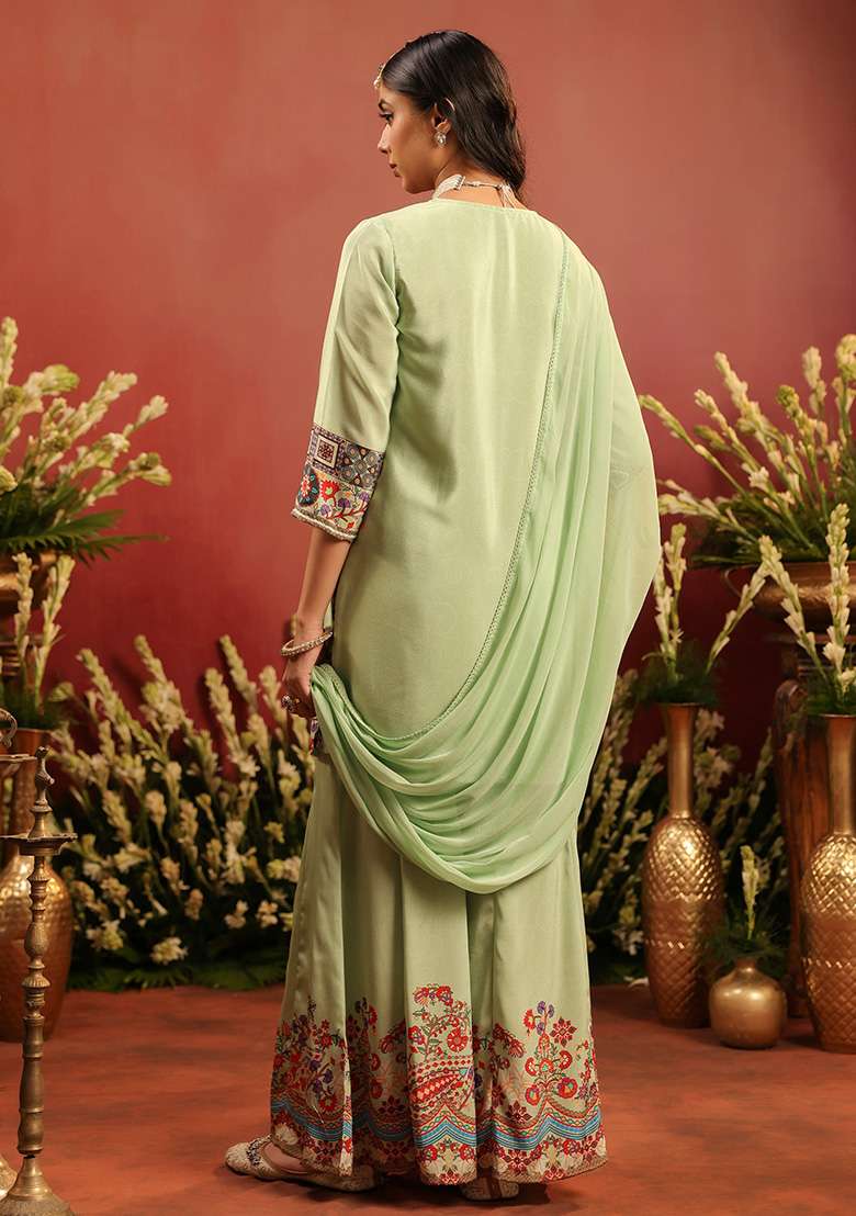 Pista Green Embroidered Silk Sharara Set - Indya