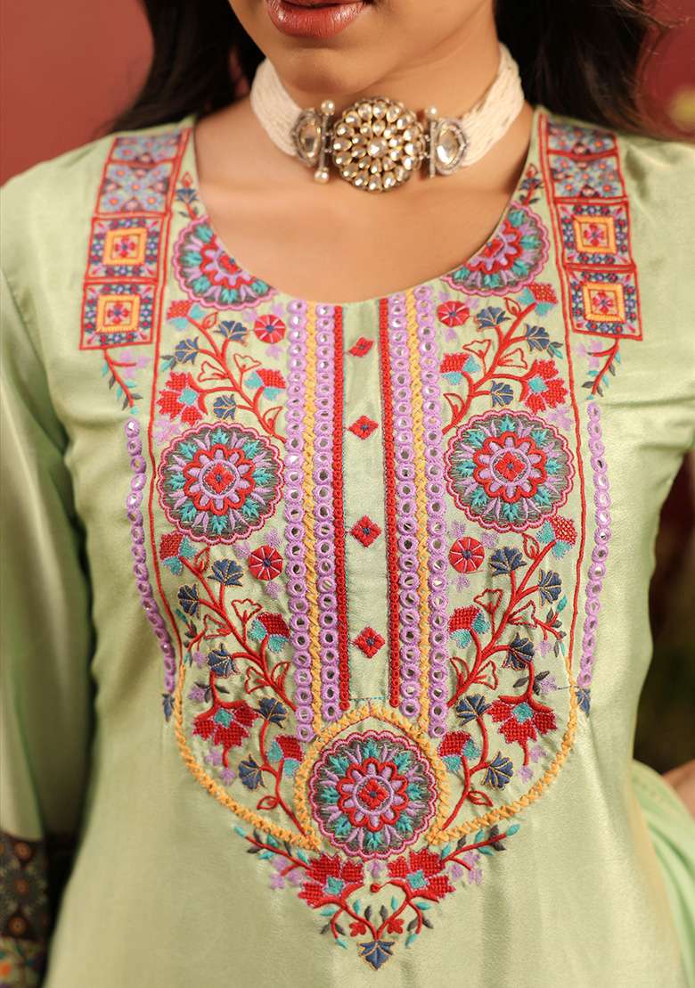 Pista Green Embroidered Silk Sharara Set - Indya