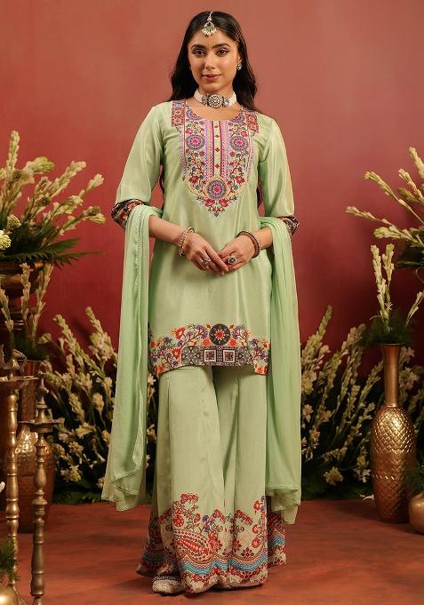 Pista Green Embroidered Silk Sharara Set