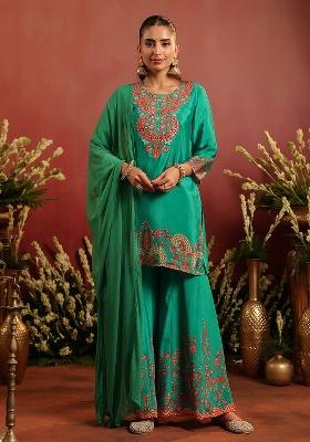 Green Embroidered Silk Sharara Set