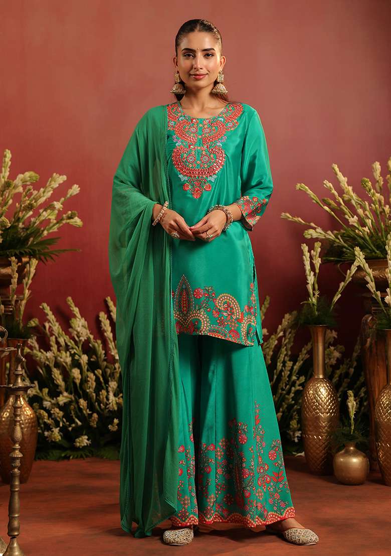 Green Embroidered Silk Sharara Set - Indya