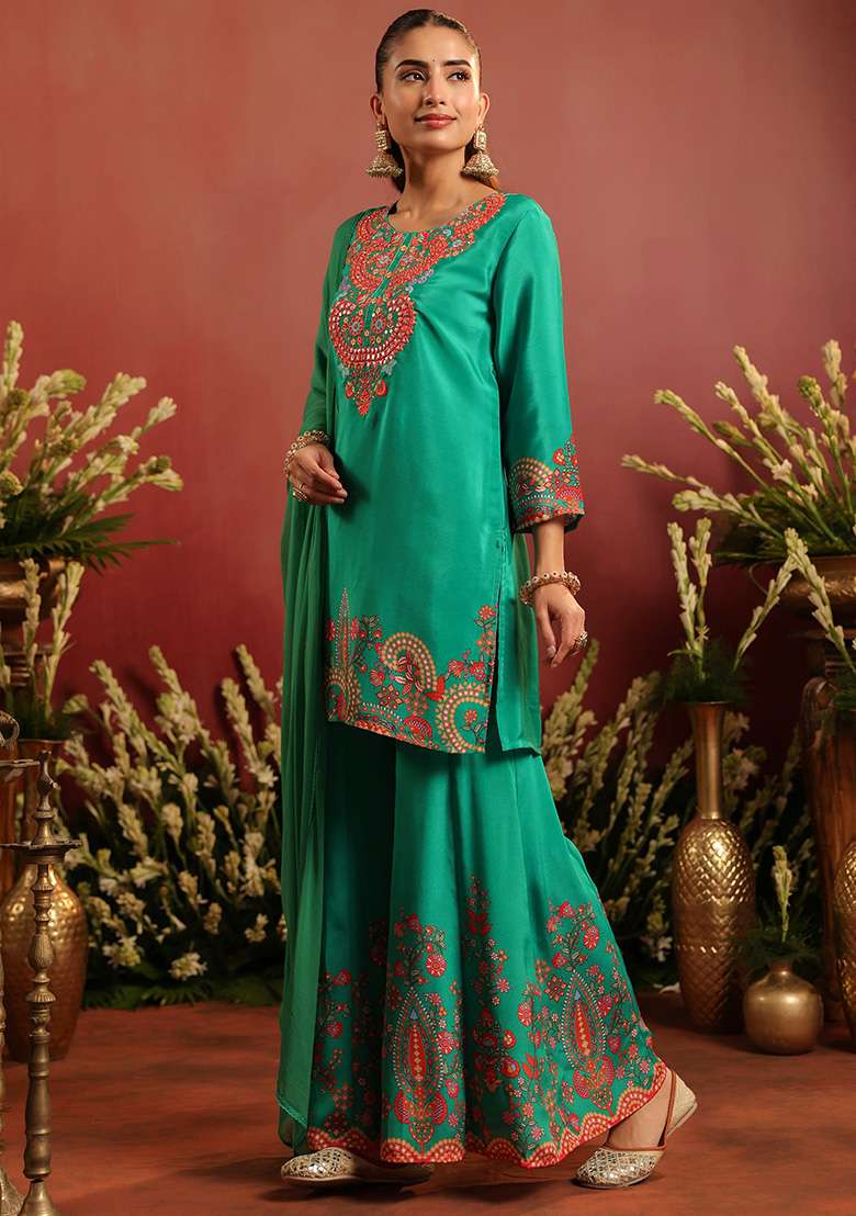 Green Embroidered Silk Sharara Set - Indya