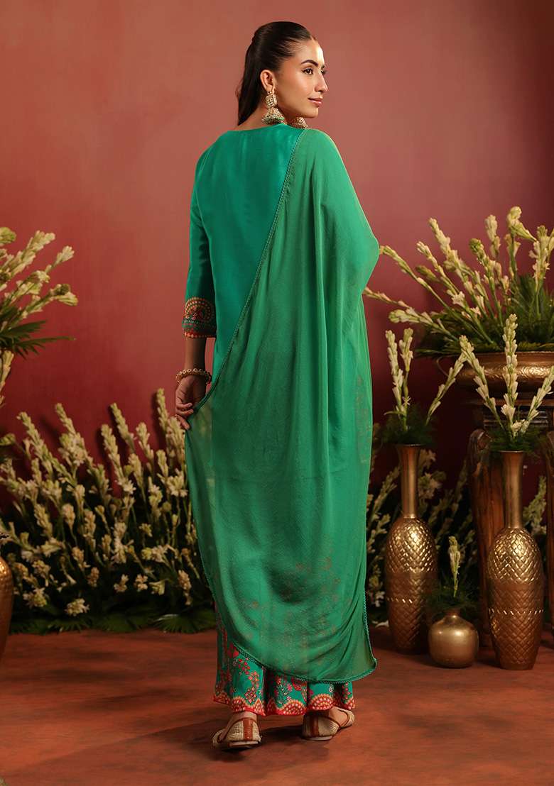 Green Embroidered Silk Sharara Set - Indya