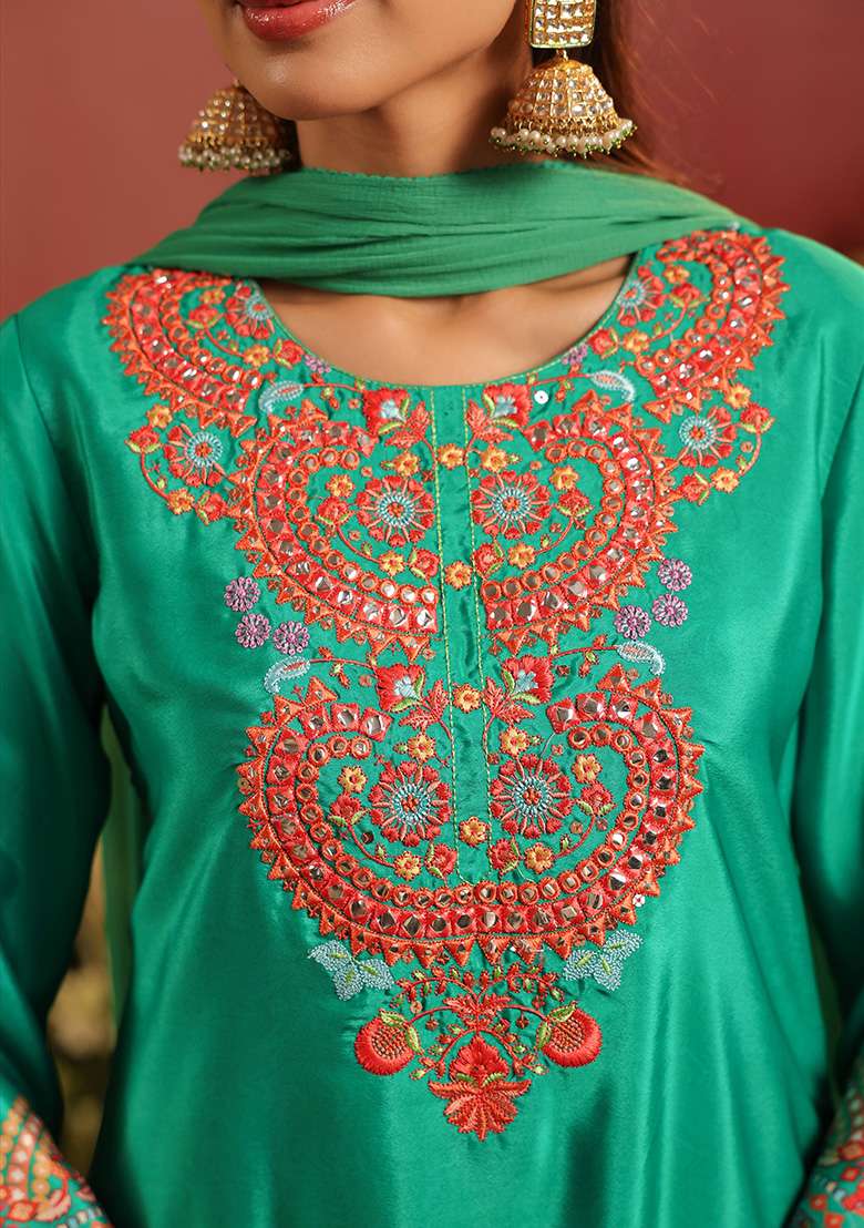 Green Embroidered Silk Sharara Set - Indya