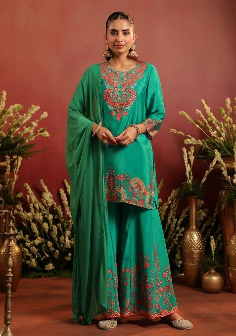 Green Embroidered Silk Sharara Set