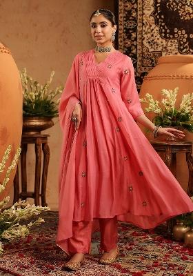 Mauve Embroidered Chanderi Anarkali With Dupatta