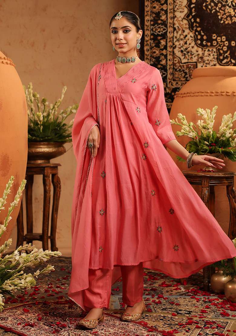 Mauve Embroidered Chanderi A Line Kurta Set - Indya