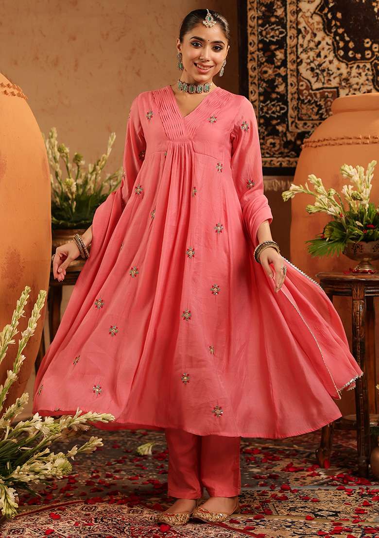 Mauve Embroidered Chanderi A Line Kurta Set - Indya