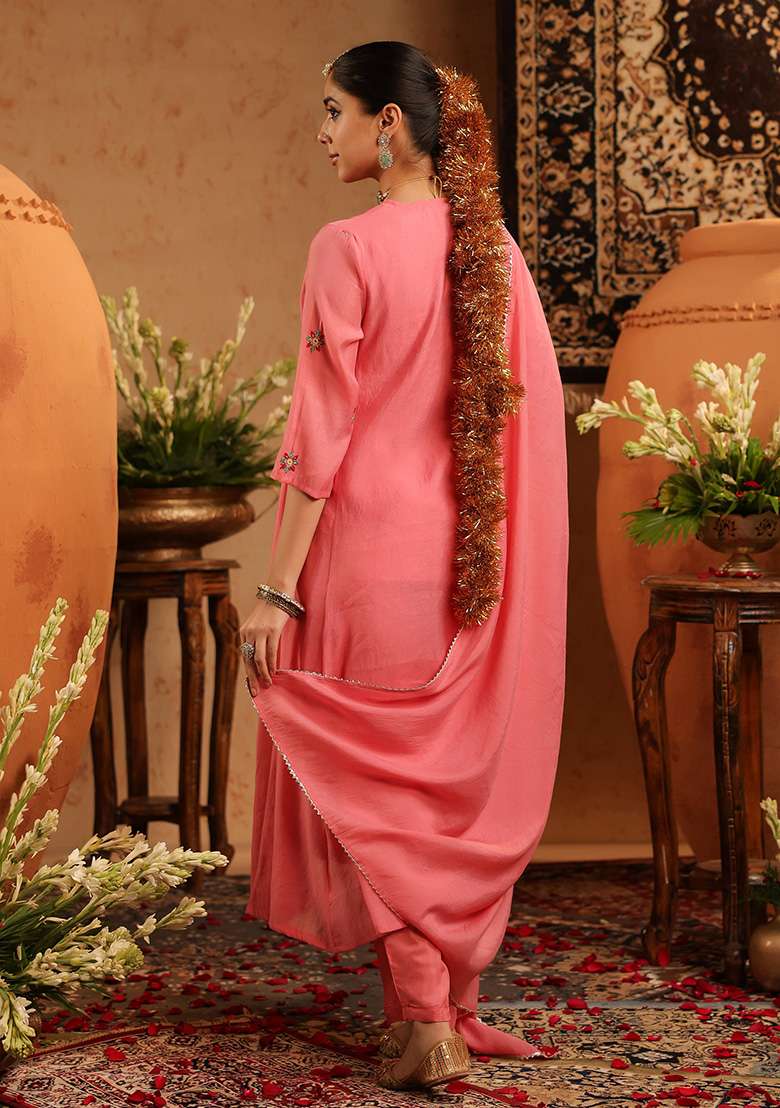 Mauve Embroidered Chanderi A Line Kurta Set - Indya