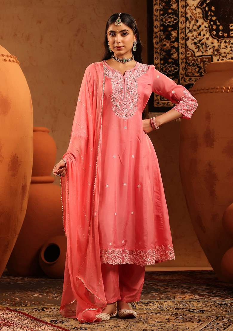 Mauve Embroidered Silk Blend A Line Kurta Set - Indya