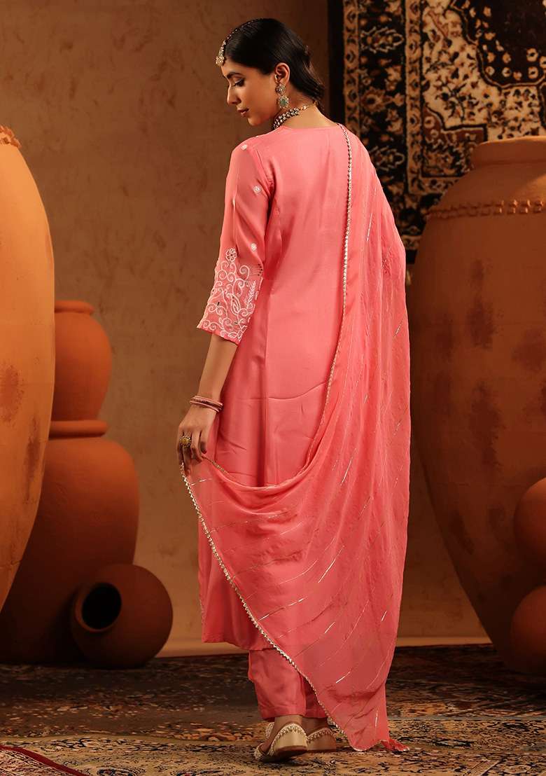 Mauve Embroidered Silk Blend A Line Kurta Set - Indya