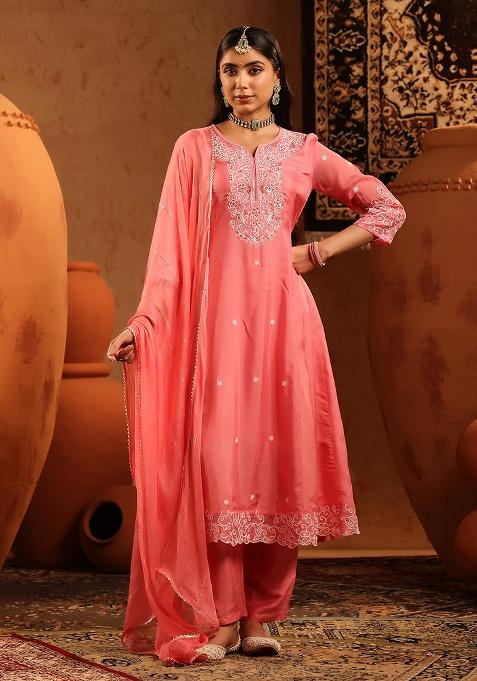 Mauve Embroidered Silk Anarkali Set