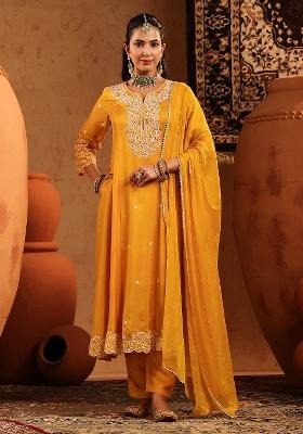 Mustard Embroidered Silk Anarkali With Dupatta