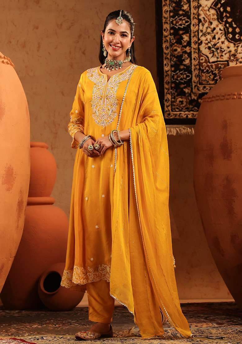Mustard Embroidered Silk Blend Pakistani Suit Set - Indya