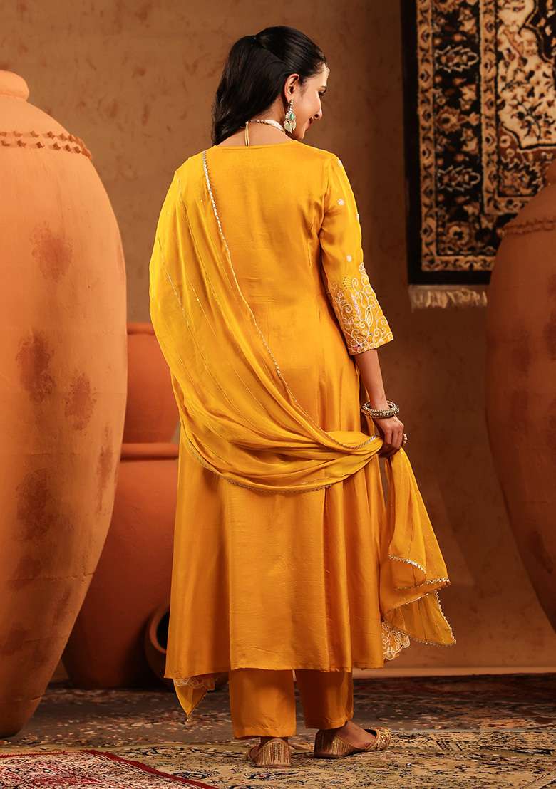 Mustard Embroidered Silk Blend Pakistani Suit Set - Indya