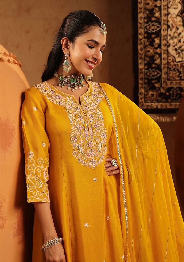 Mustard Embroidered Silk Blend Pakistani Suit Set - Indya