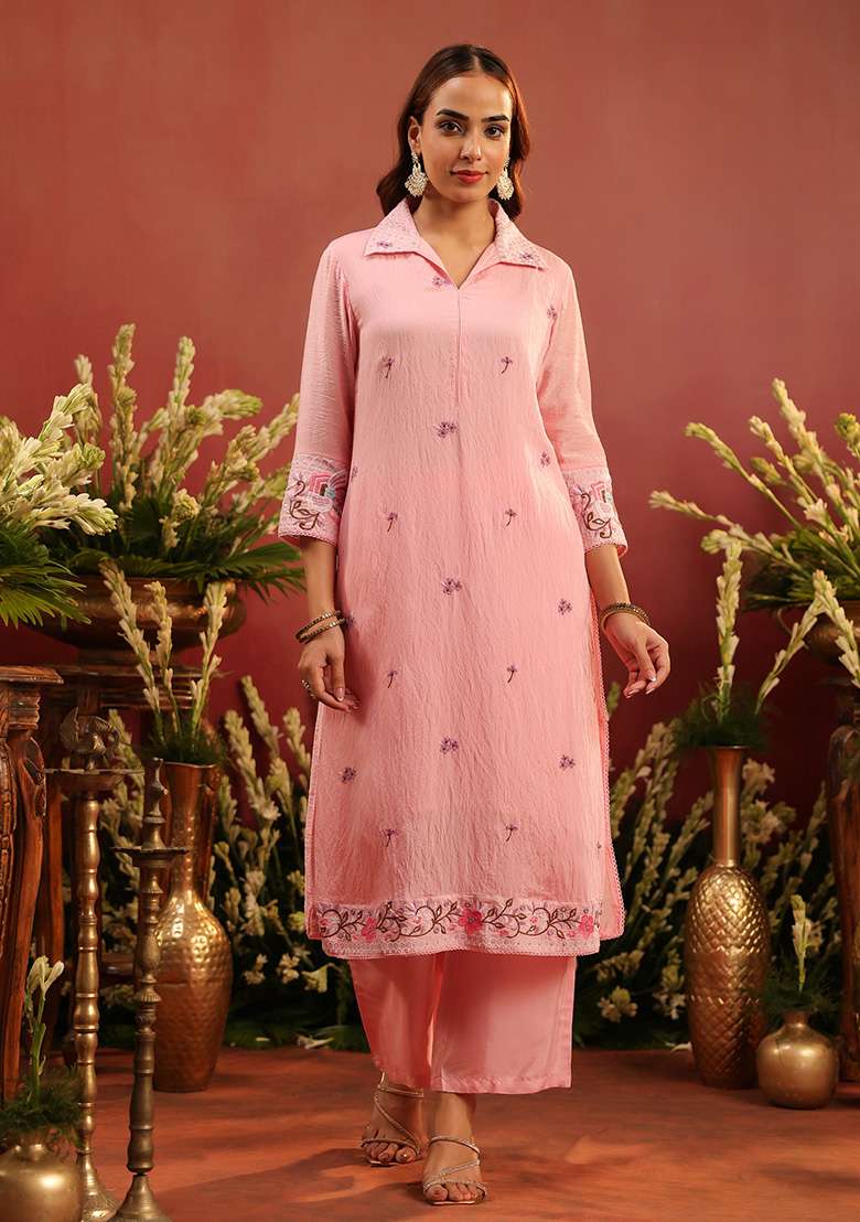 Pink Embroidered Chanderi Co Ord Set - Indya