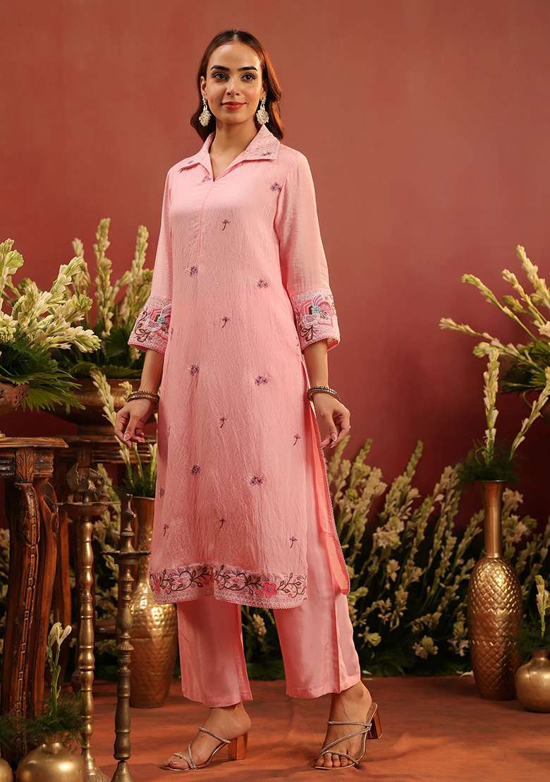 Pink Embroidered Chanderi Co Ord Set - Indya
