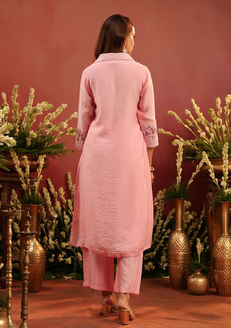 Pink Embroidered Chanderi Co Ord Set - Indya