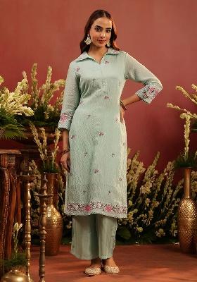 Sea Green Embroidered Chanderi Co Ord Set
