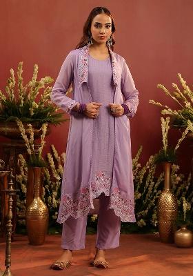 Lavender Embroidered Silk Straight Kurta Set