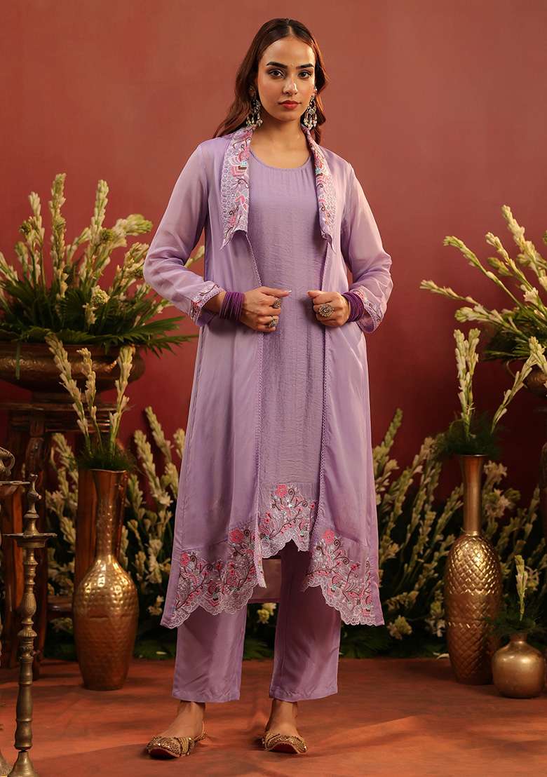 Lavender Embroidered Silk Blend Straight Kurta Set - Indya